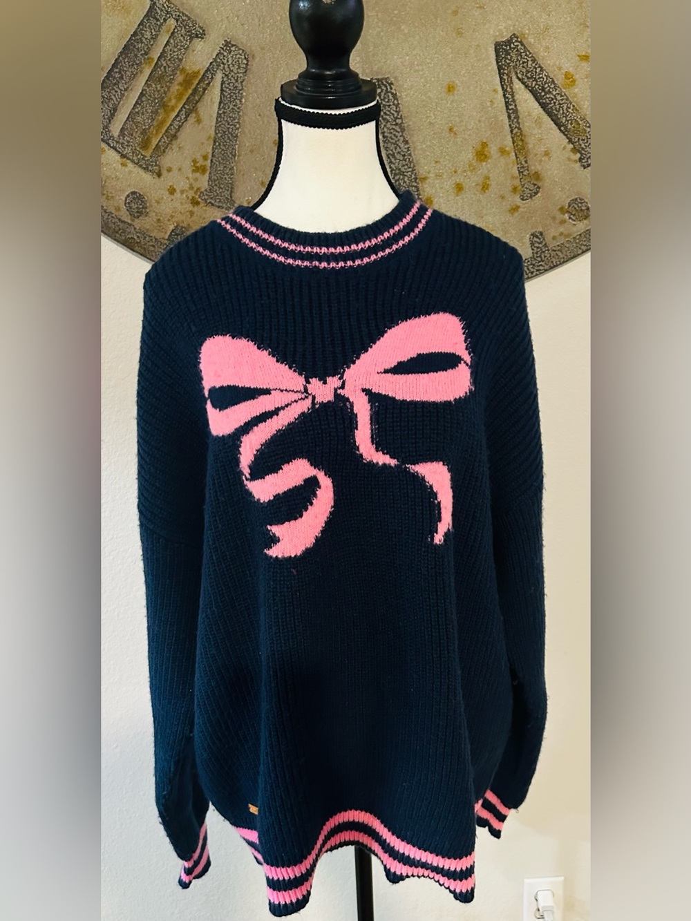 Simply Southern Navy Sweater with Pink Bow Accent